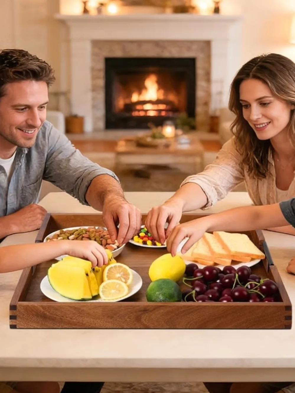 Classic Acacia Wood Serving Tray with Built-In Side Handles - size 20 x 20